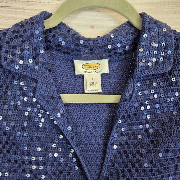 Talbots Hand Knit Sequin Cardigan S Navy Blue Silk Cotton Button Sparkle Sweater - Picture 5 of 12
